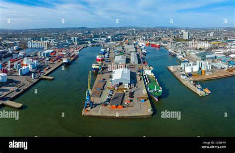 Aerial view from drone of Aberdeen harbour and port which is hub for ...