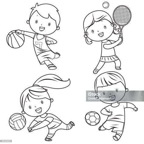 Cartoon Kids Sports Characters Drawing Stock Illustration - Download ...