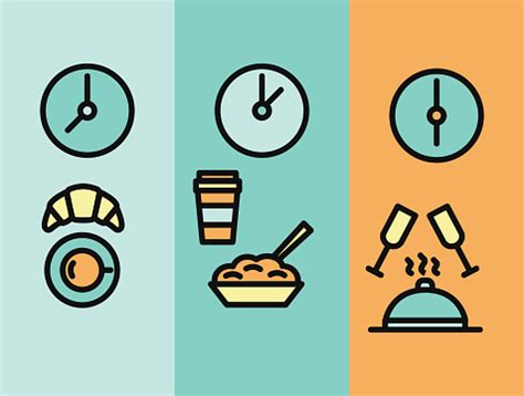 Vector Illustration Of Meal Time Breakfast Lunch Dinner Clock And Food ...