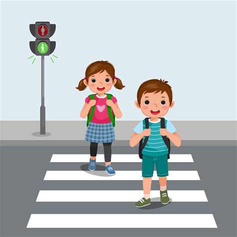 Cute School kids with backpack walking crossing road near pedestrian ...