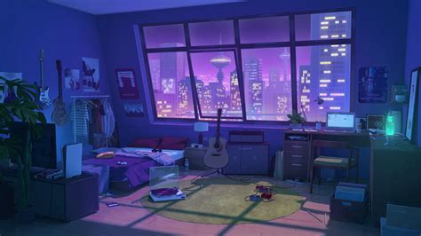 Artwork Digital Art Room Guitar Building Night Bedroom Laptop Wallpaper ...