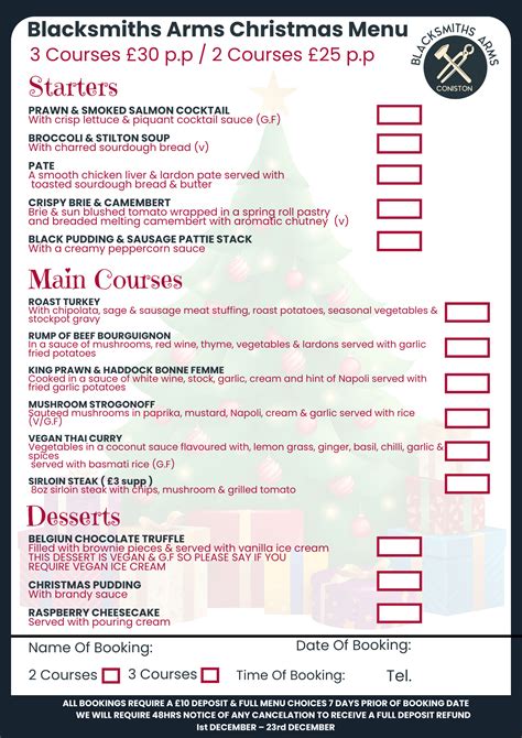 Xmas Menu - Blacksmiths Arms Coniston