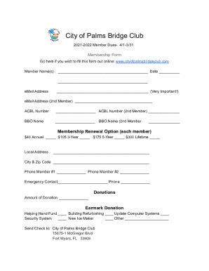 Fillable Online City of Palms Bridge Club Member Form 2021-22 Fax Email ...