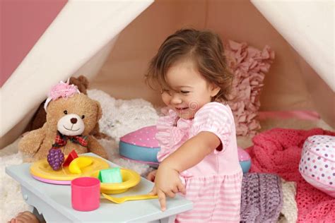 Pretend Play Tea Party at Home with a TeePee Tent Stock Image - Image ...