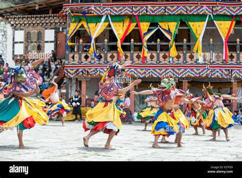 Mask dancing festival, Punakha, Bhutan. The Drametse Ngacham (Mask ...