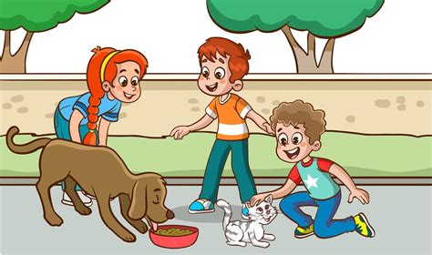 children feeding stray animals cartoon vector 19015974 Vector Art at ...