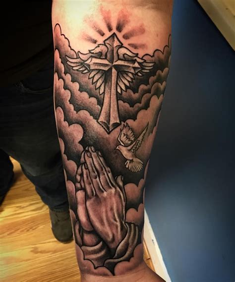 Praying hands, dove, cross... | Cool forearm tattoos, Cloud tattoo ...