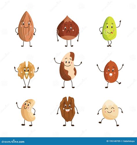 Set of Funny Cartoon Various Nuts Characters Vector Illustration Isolated. Stock Vector ...