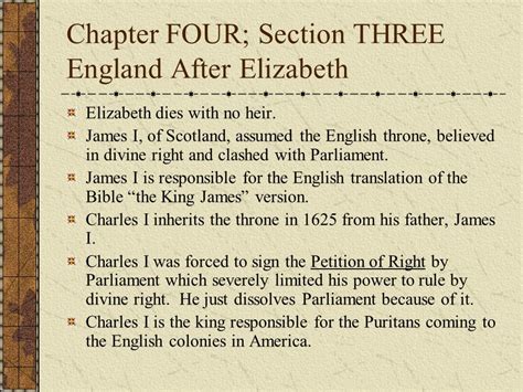 Chapter FOUR; Section THREE England After Elizabeth Elizabeth dies with ...