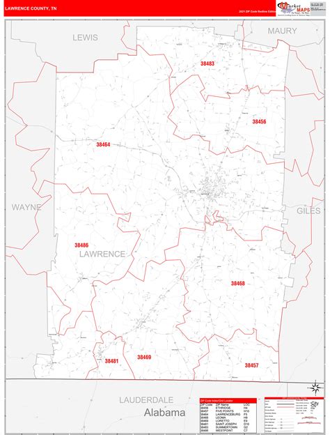 Lawrence County, TN Zip Code Wall Map Red Line Style by MarketMAPS ...