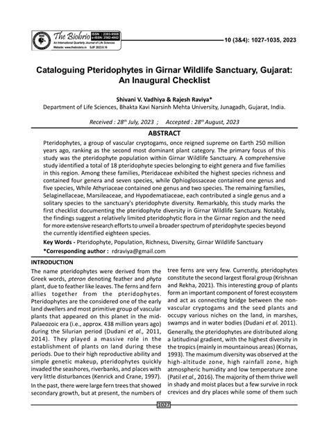 (PDF) Cataloguing Pteridophytes in Girnar Wildlife Sanctuary, Gujarat: An Inaugural Checklist