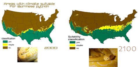 Map : effect of climate change on US habitat of burmese python between 2000 and 2100 ...