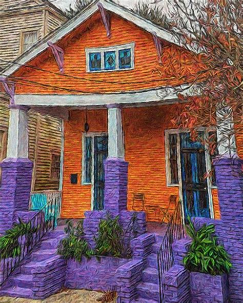 a painting of a house with purple and orange paint