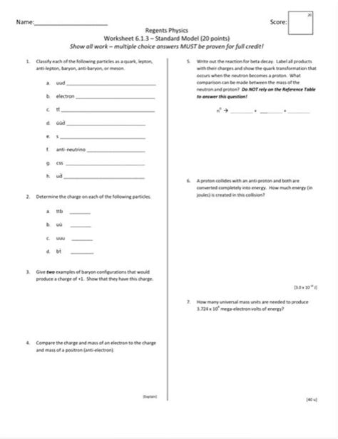 Solved Name: Score: Regents Physics Worksheet 6.1.3 - | Chegg.com