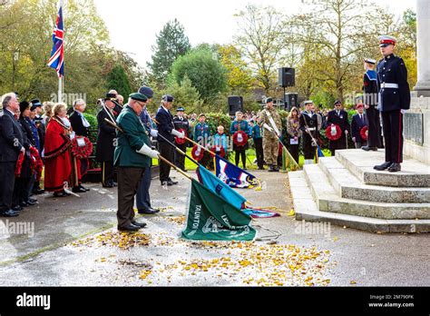 Flags draped to honour the fallen. Remembrance Day, Taunton Cenotaph ...