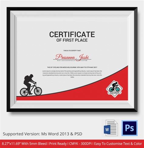 Cycling Certificate 5+ Word, Psd Format Download | Free Inside First Place Award Certificate ...