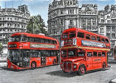 Two red buses by Stephen Wiltshire | Stephen wiltshire, Bus drawing, London bus