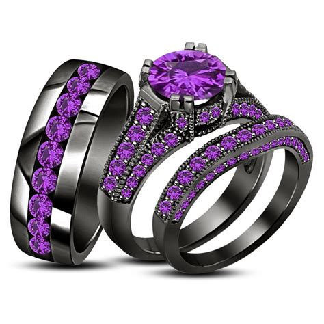 3.00 Ct Purple Amethyst His & Her Wedding Band Engagement Bridal Trio Ring Set - CZ, Moissanite ...