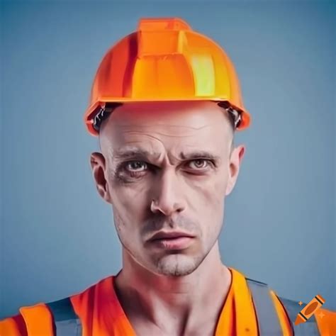 Portrait of a confident bald white engineer in orange uniform on Craiyon