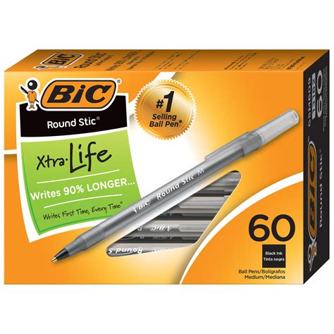 BIC Round Stic Xtra Life Ball Pen, Medium Point (1.0mm), Black - Box of ...