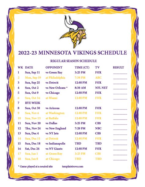 Printable 2022-2023 Minnesota Vikings Schedule