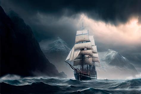 Premium Photo | Sailing old ship in a storm sea in the background