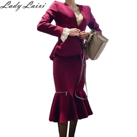 2018 Autumn Office Wear Uniform Purple Skirt Suit Full Sleeve OL Blazer ...