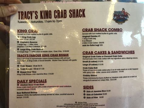 Menu at Tracy’s King Crab Shack restaurant, Juneau, 432 S Franklin St