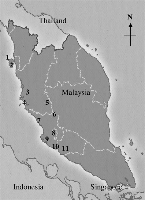 Map of Peninsular Malaysia L1, Penang National Park, N 5 o 26'16" N;... | Download Scientific ...