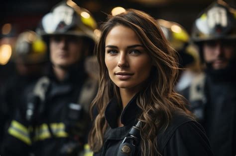 Premium AI Image | Firefighter woman in firefighter uniform in front of other firefighters