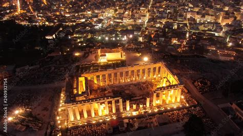 Aerial drone detail night shot of iconic Acropolis hill and the ...