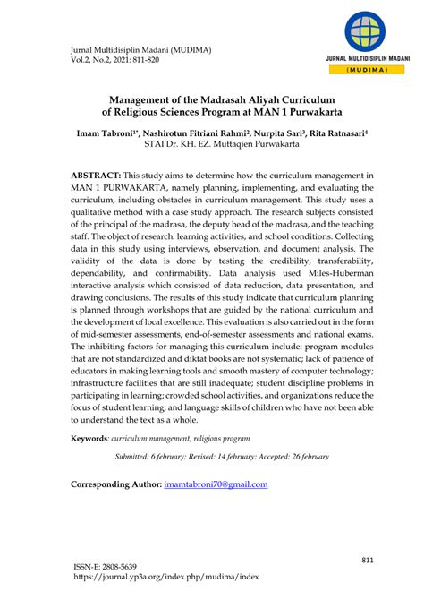 (PDF) Management Of The Madrasah Aliyah Curriculum Of Religious ...