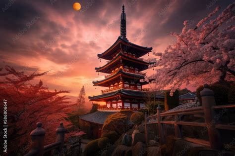 Beautiful Japanese temple, cherry blossom trees, sakura season, spring ...