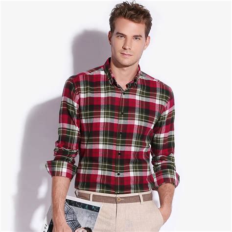 British Style Flannel Men Plaid Shirt Casual Slim Fit Famous Brand Long Sleeve 100% Cotton ...