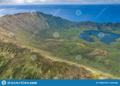 Aerial View of Volcanic Crater Caldeirao with a Beautiful Lake on the Top of Corvo Island ...