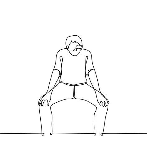 man squat with legs wide apart resting on knees with palms - one line drawing vector. concept ...