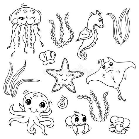 Sea Life Clip Art Black And White Sketch Coloring Page