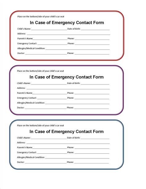 Printable Emergency Contact Form For Car Seat | Emergency intended for ...