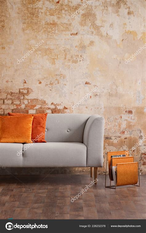 Orange Cushions Grey Sofa Red Brick Wall Modern Living Room Stock Photo by ©photographee.eu ...