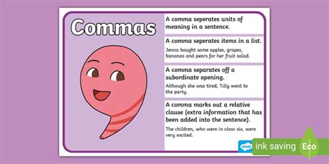 When To Use A Comma Poster | Punctuation | Display Resource