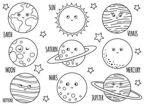 Vector black and white planets set for children. Outline illustration ...