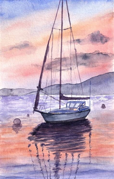 Watercolor Seascape with Sunset and Boat Stock Photo - Image of travel ...