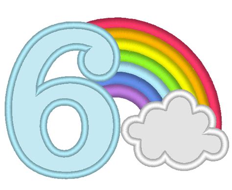 Rainbow in cloud Birthday Number 6 SIX machine embroidery applique ...