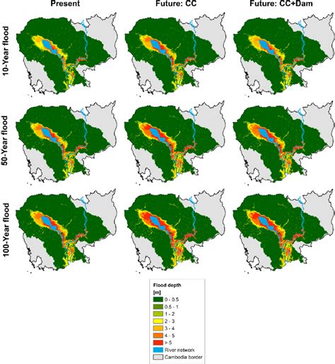 Comparison of flood depth of 10-year, 50-year, and 100-year flood ...