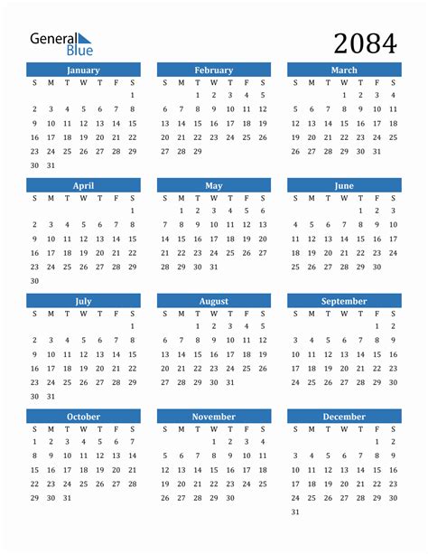 Free 2084 Calendars in PDF, Word, Excel