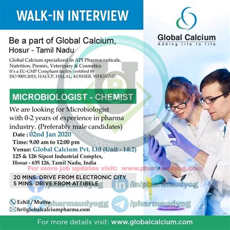 Global calcium | Walk-in for Microbiologist on 2 Jan 2020 | Pharma Jobs in Hosur