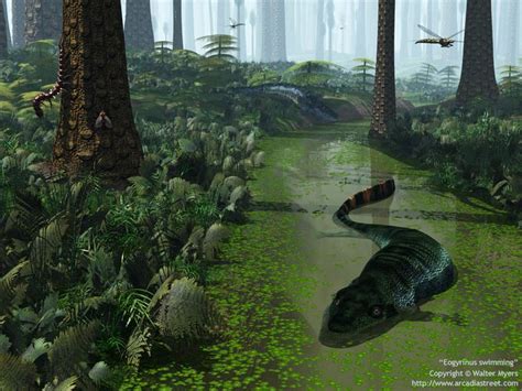 Paleozoic Earth - Two Eogyrinus swimming in a Carboniferous tributary featuring Sigillaria ...