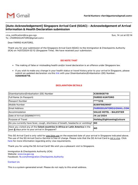 (Auto-Acknowledgement) Singapore Arrival Card (SGAC) - Acknowledgement of Arriva | PDF