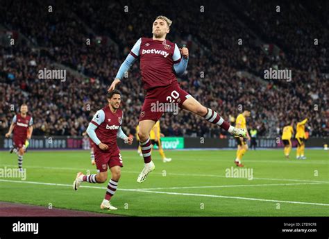 West Ham United's Jarrod Bowen celebrates scoring their side's third ...