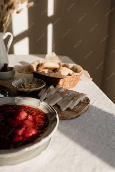 Premium Photo | Borsch - ukrainian national dish. ukrainian cuisine - salo, onion, mustard ...